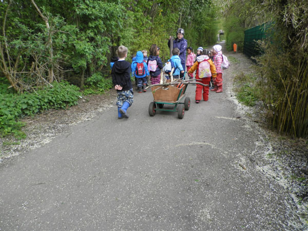 Kindergruppge und Erzieherin am Wald
